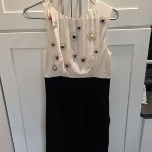 Trina Turk Cream and Black Midi Dress with Floral Accents